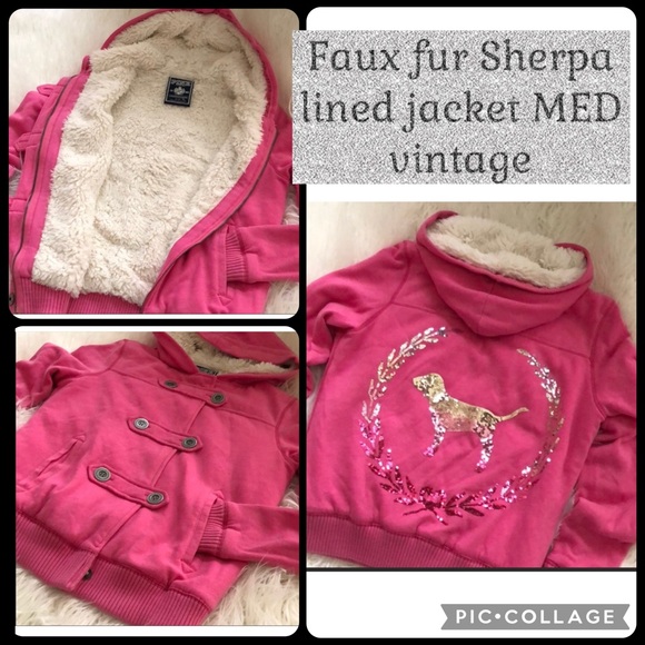 PINK by VS BLING FAUX FUR SHERPA LINED FULL ZIP HOODED JACKET SZ M PINK VINTAGE - Picture 1 of 14
